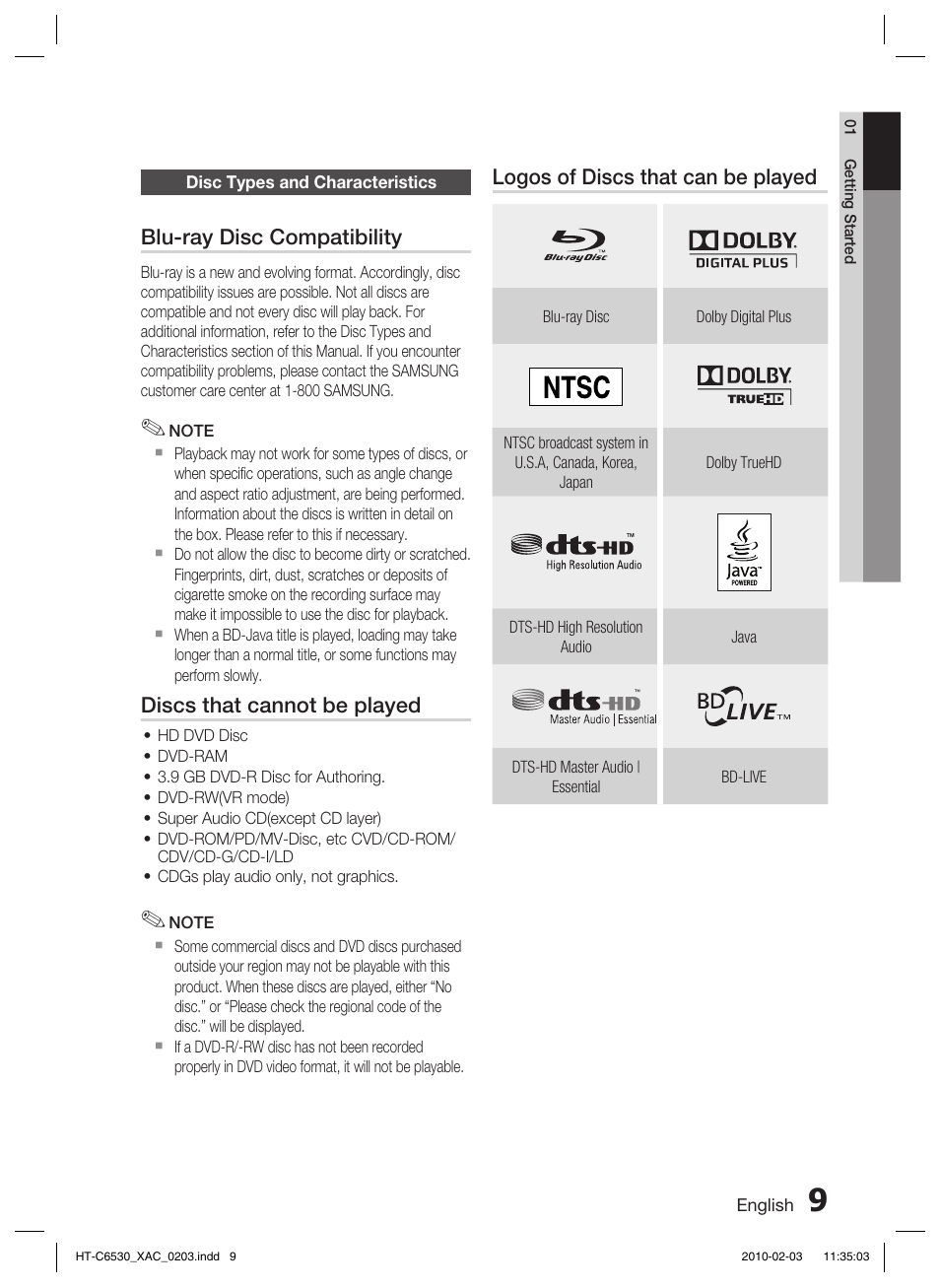 Disc types and characteristics | Samsung HT-C6530 User Manual | Page 9 / 69
