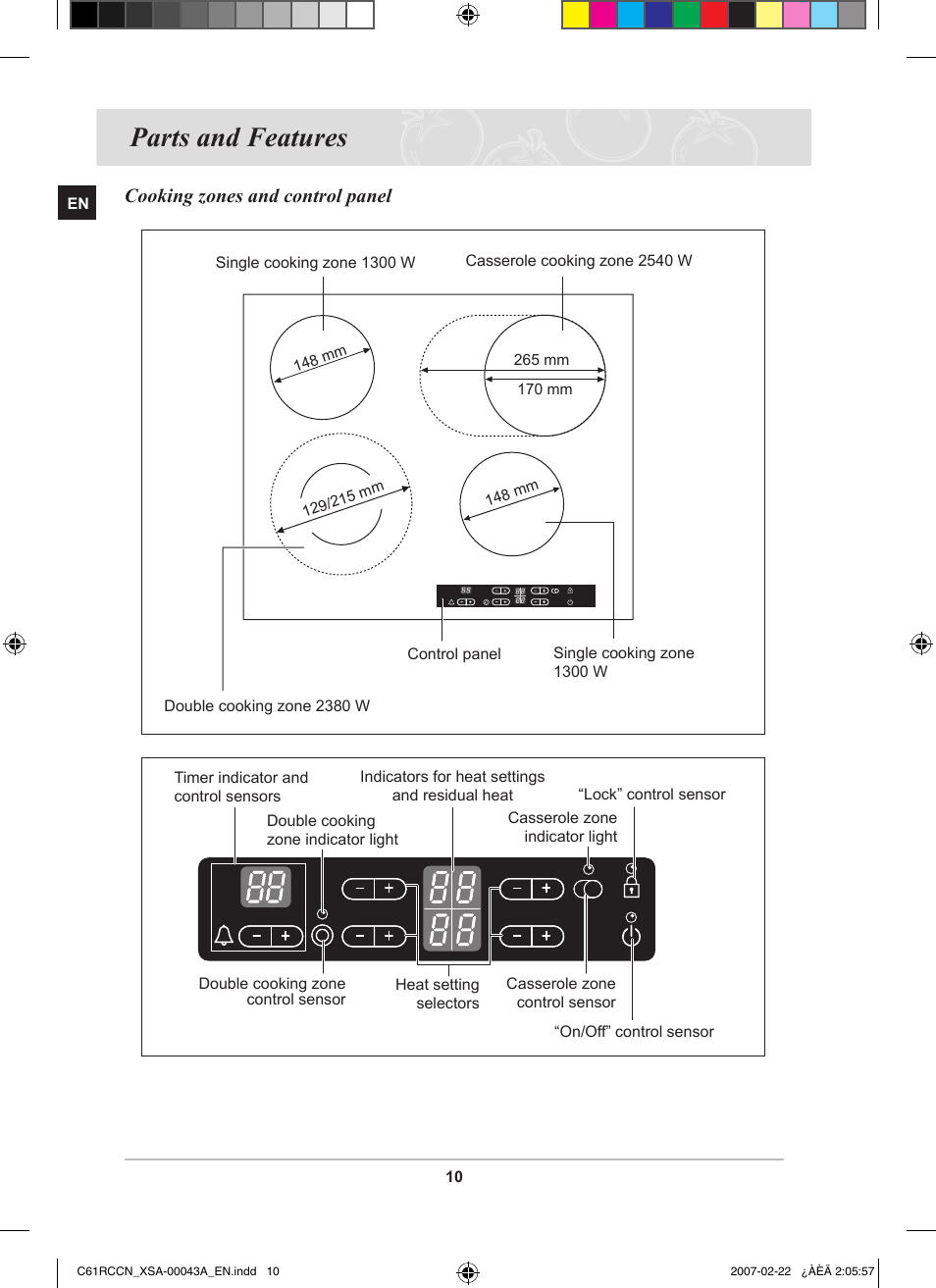 Parts and features, Cooking zones and control panel | Samsung C61RCBAL User Manual | Page 12 / 34