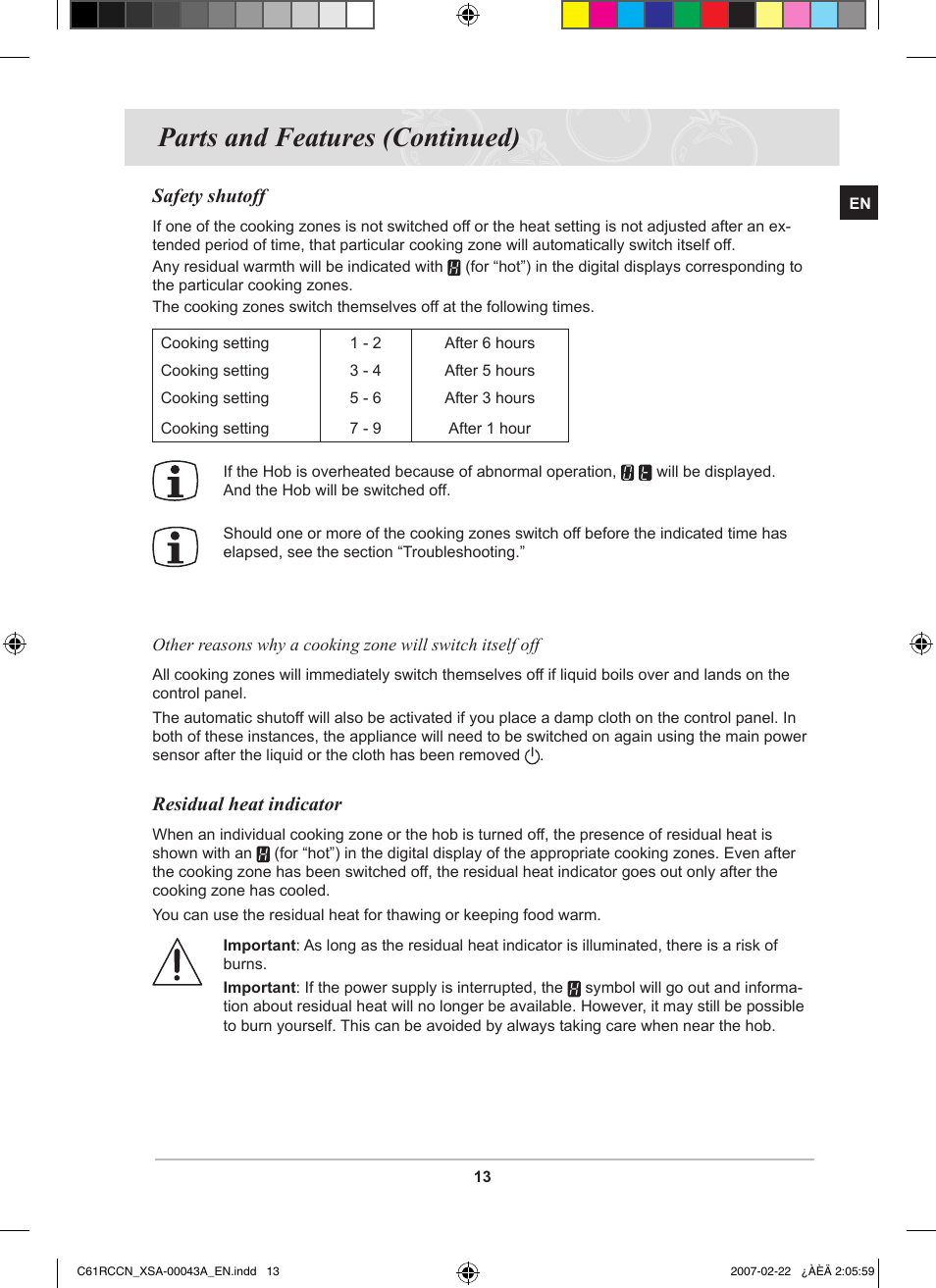 Parts and features (continued), Safety shutoff, Residual heat indicator | Samsung C61RCBAL User Manual | Page 15 / 34