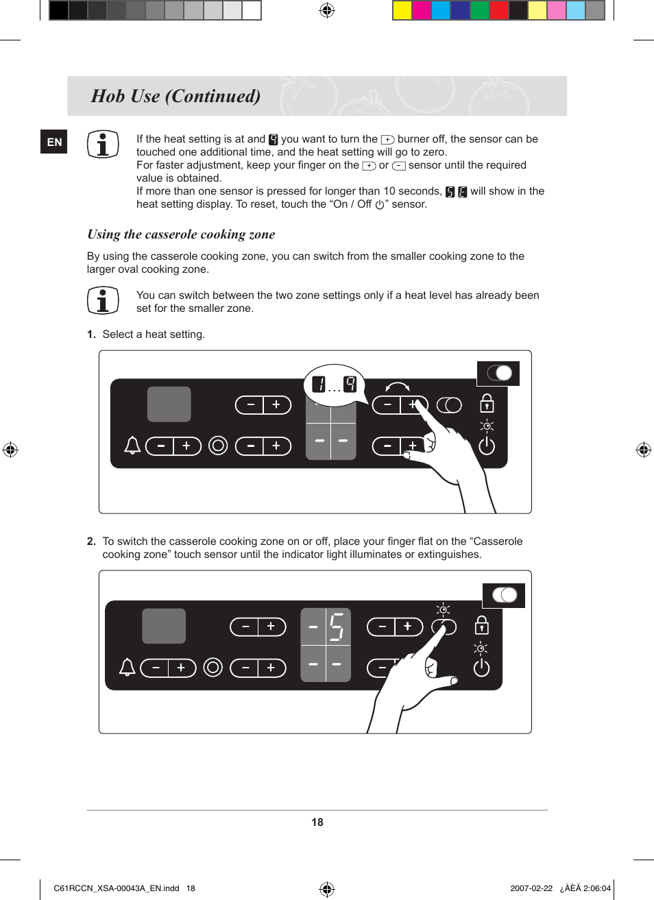 Hob use (continued), Using the casserole cooking zone | Samsung C61RCBAL User Manual | Page 20 / 34