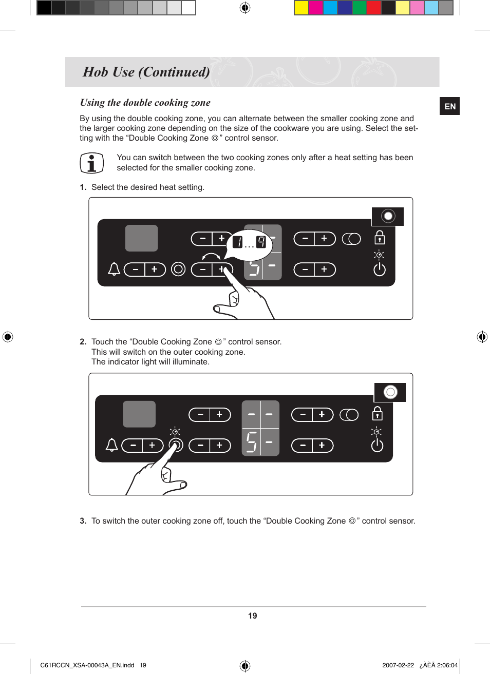 Hob use (continued), Using the double cooking zone | Samsung C61RCBAL User Manual | Page 21 / 34