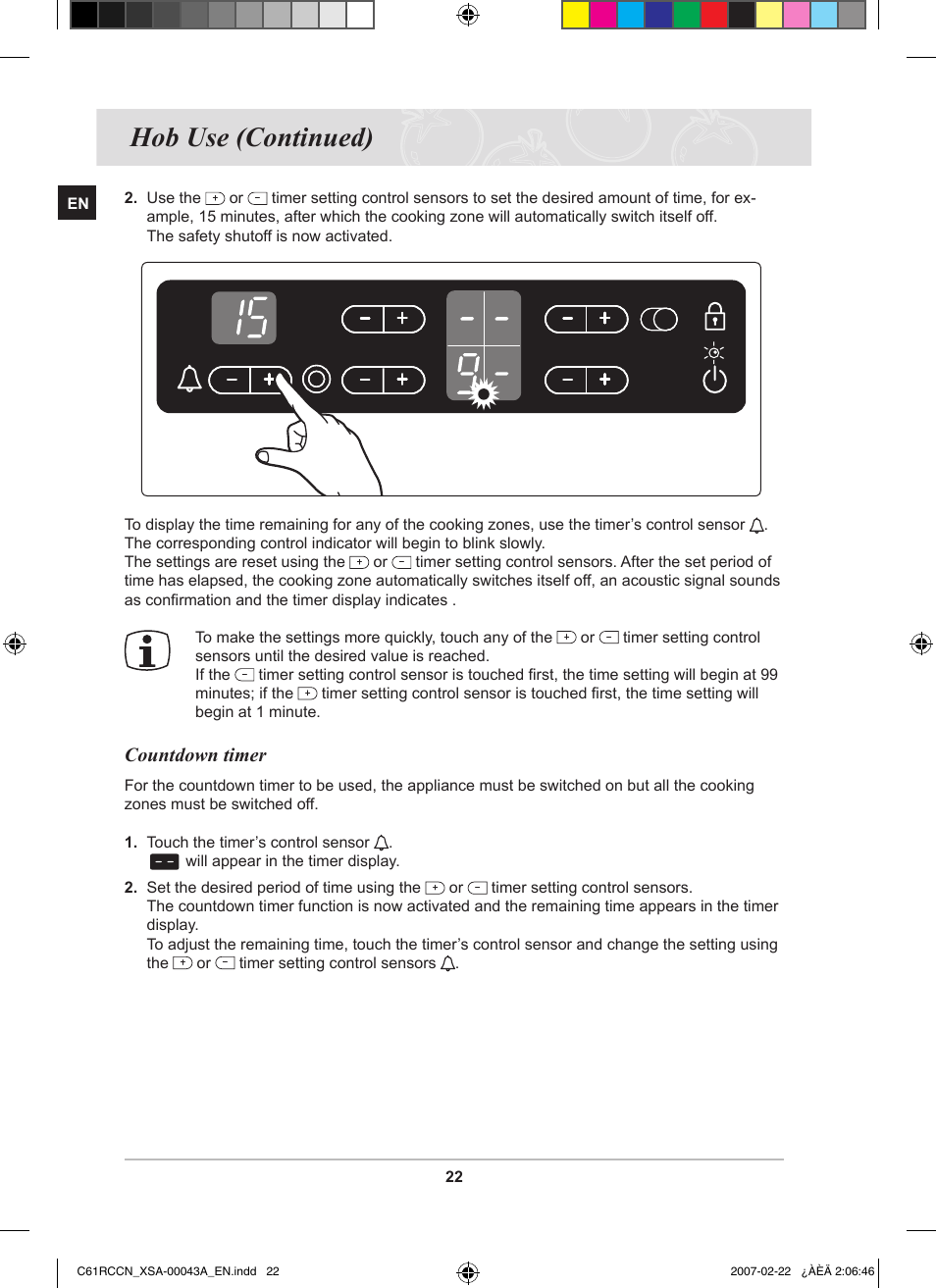 Hob use (continued), Countdown timer | Samsung C61RCBAL User Manual | Page 24 / 34