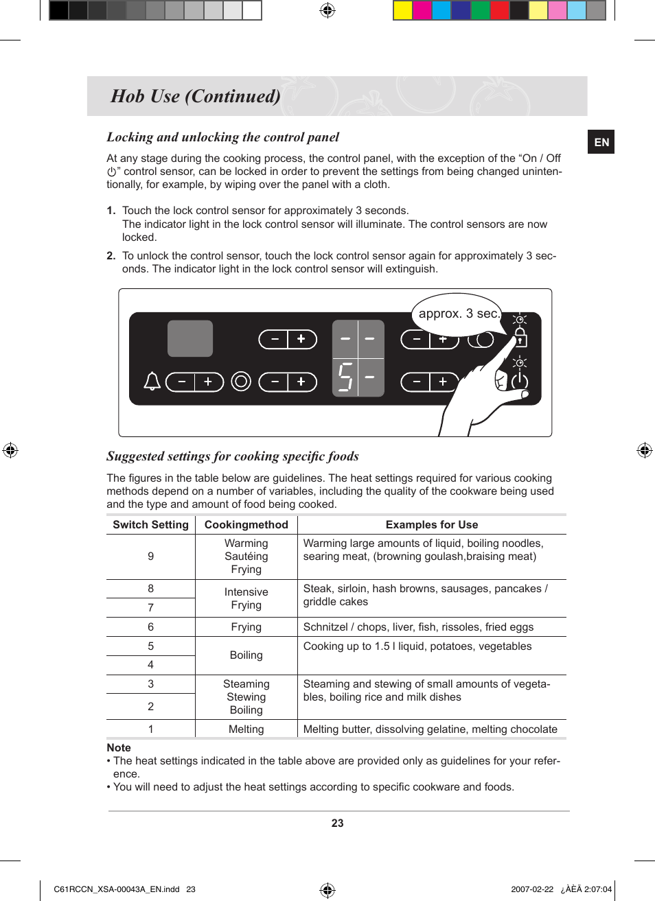 Hob use (continued), Locking and unlocking the control panel, Suggested settings for cooking speciﬁc foods | Samsung C61RCBAL User Manual | Page 25 / 34