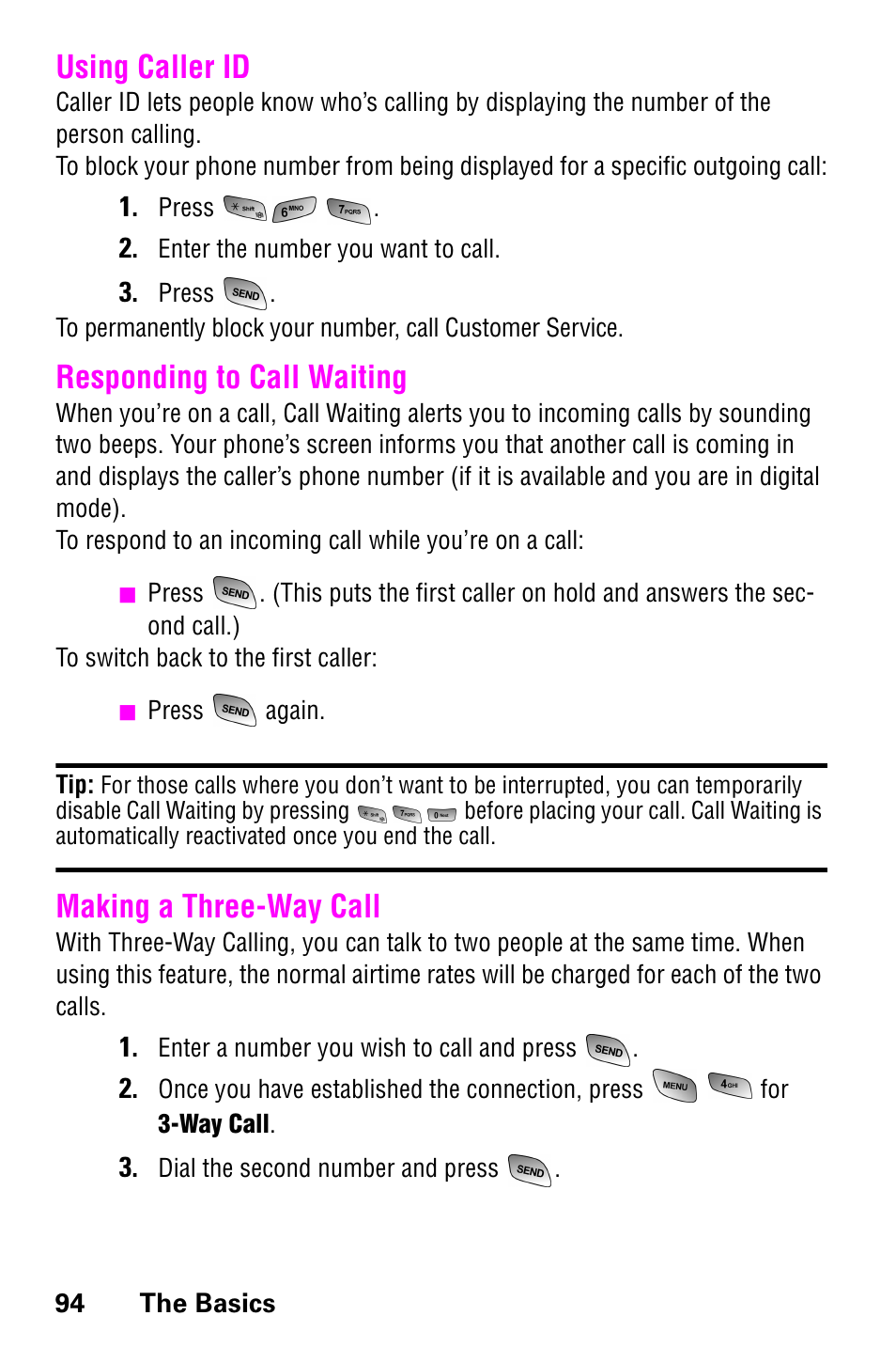 Using caller id, Responding to call waiting, Making a three-way call | Samsung 022004 User Manual | Page 102 / 142