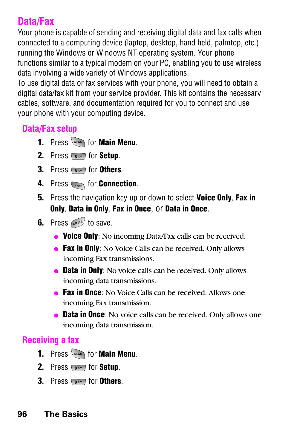 Data/fax, Data/fax setup, Receiving a fax | Data/fax setup receiving a fax, Data/fax setup 1, Receiving a fax 1 | Samsung 022004 User Manual | Page 104 / 142