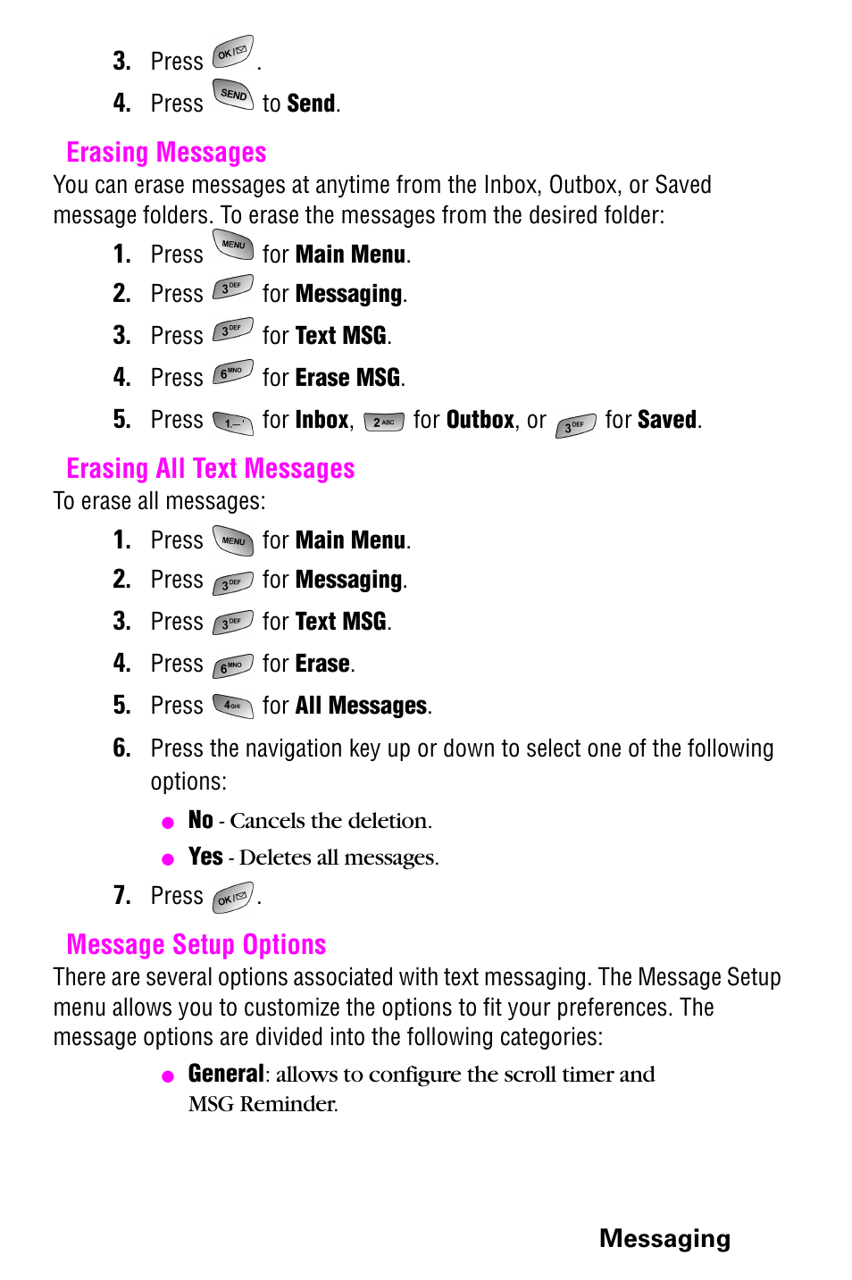 Erasing messages, Erasing all text messages, Message setup options | Erasing all text messages message setup options | Samsung 022004 User Manual | Page 109 / 142