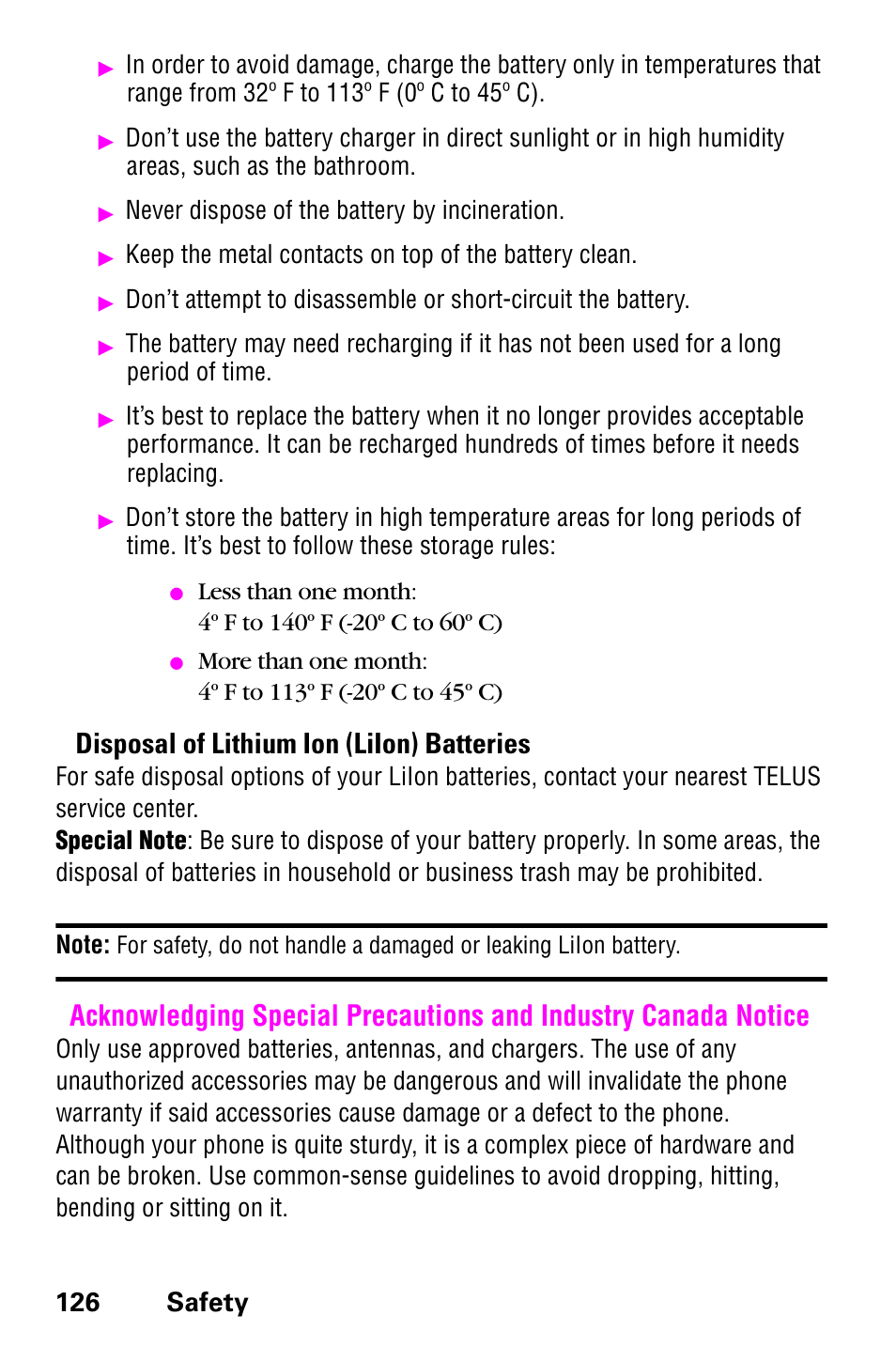 Disposal of lithium ion (liion) batteries, 126 safety | Samsung 022004 User Manual | Page 134 / 142