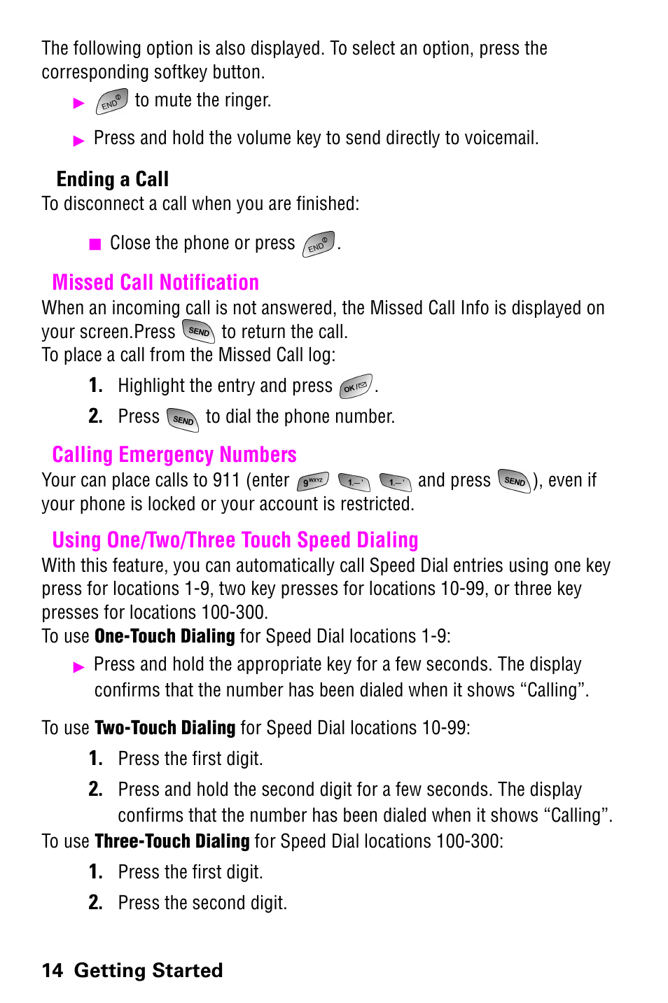 Missed call notification, Calling emergency numbers, Using one/two/three touch speed dialing | Ending a call | Samsung 022004 User Manual | Page 22 / 142