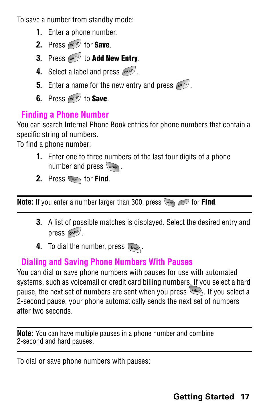 Finding a phone number, Dialing and saving phone numbers with pauses | Samsung 022004 User Manual | Page 25 / 142