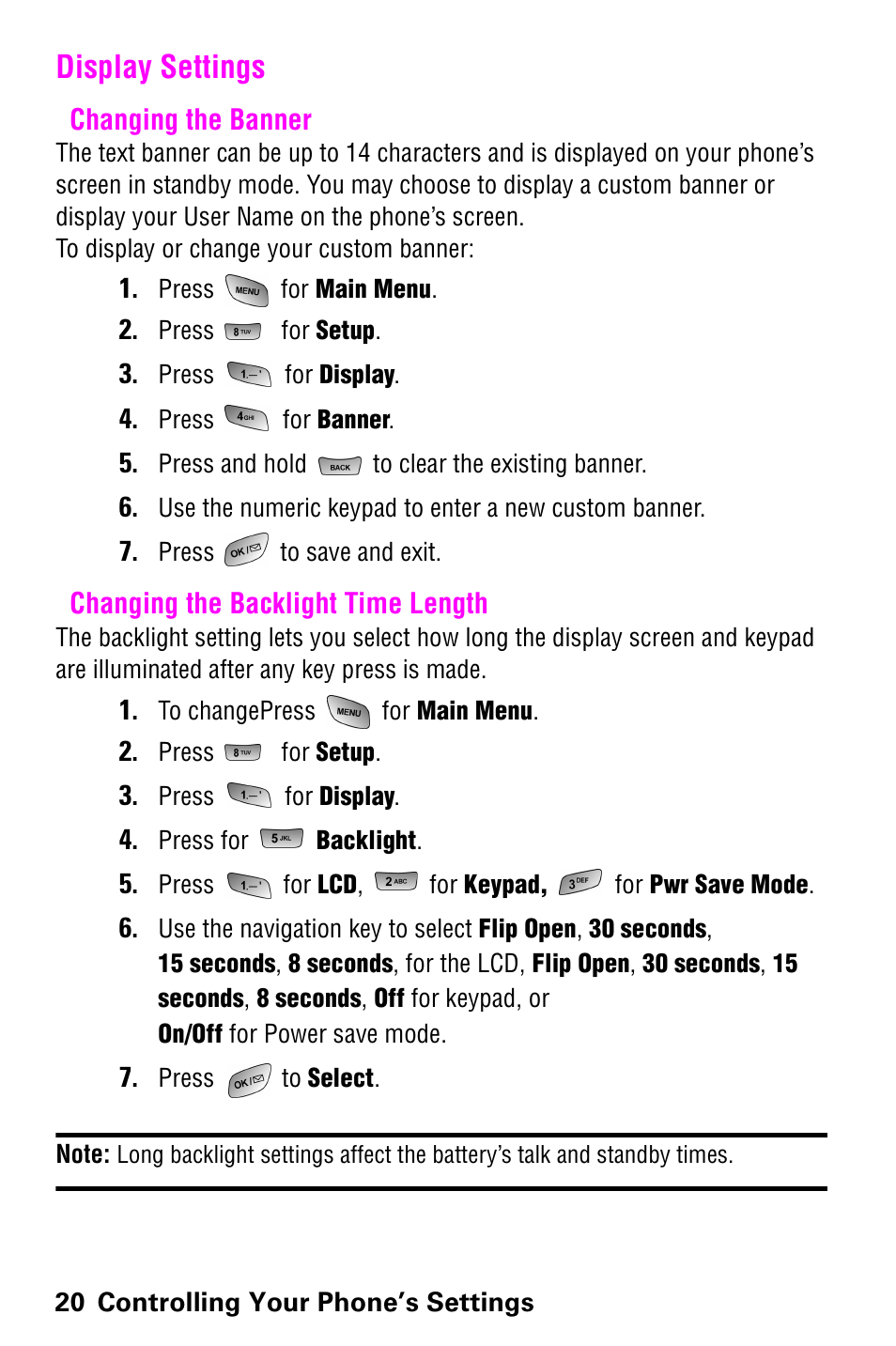 Display settings, Changing the banner, Changing the backlight time length | Samsung 022004 User Manual | Page 28 / 142