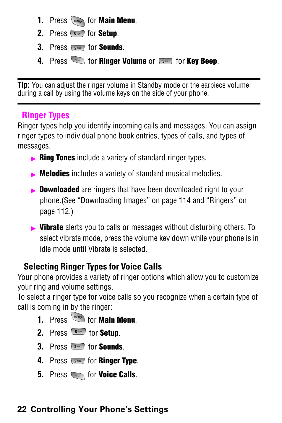 Ringer types, Selecting ringer types for voice calls | Samsung 022004 User Manual | Page 30 / 142