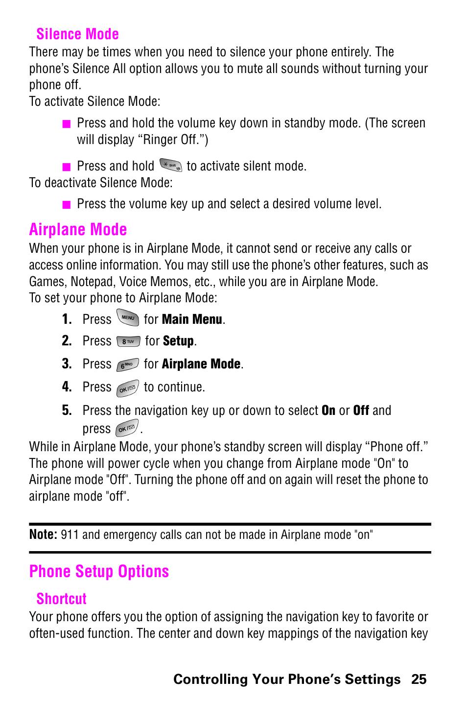 Silence mode, Airplane mode, Phone setup options | Shortcut, Airplane mode phone setup options | Samsung 022004 User Manual | Page 33 / 142