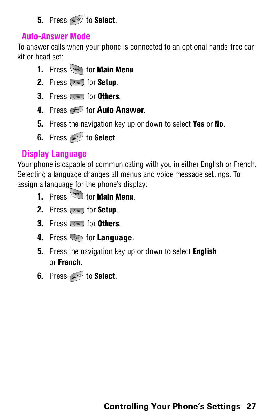 Auto-answer mode, Display language, Auto-answer mode display language | Samsung 022004 User Manual | Page 35 / 142