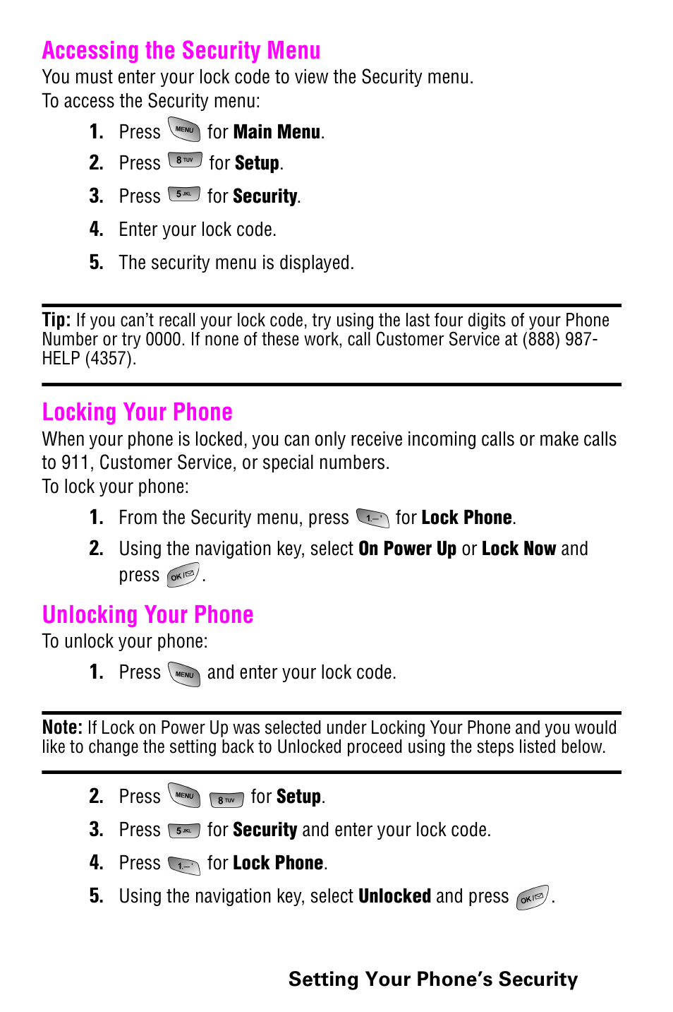 Accessing the security menu, Locking your phone, Unlocking your phone | Samsung 022004 User Manual | Page 37 / 142