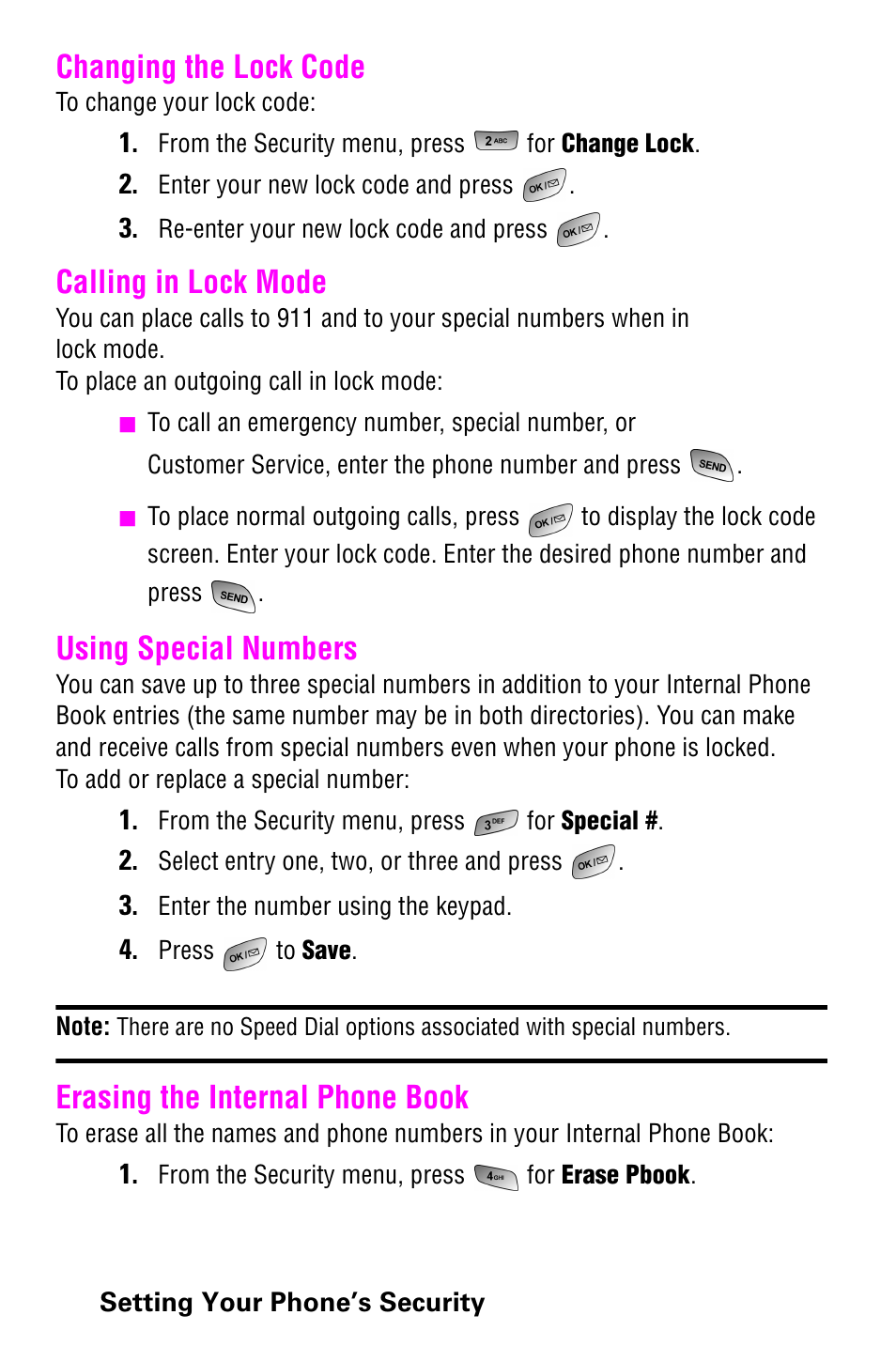 Changing the lock code, Calling in lock mode, Using special numbers | Erasing the internal phone book | Samsung 022004 User Manual | Page 38 / 142