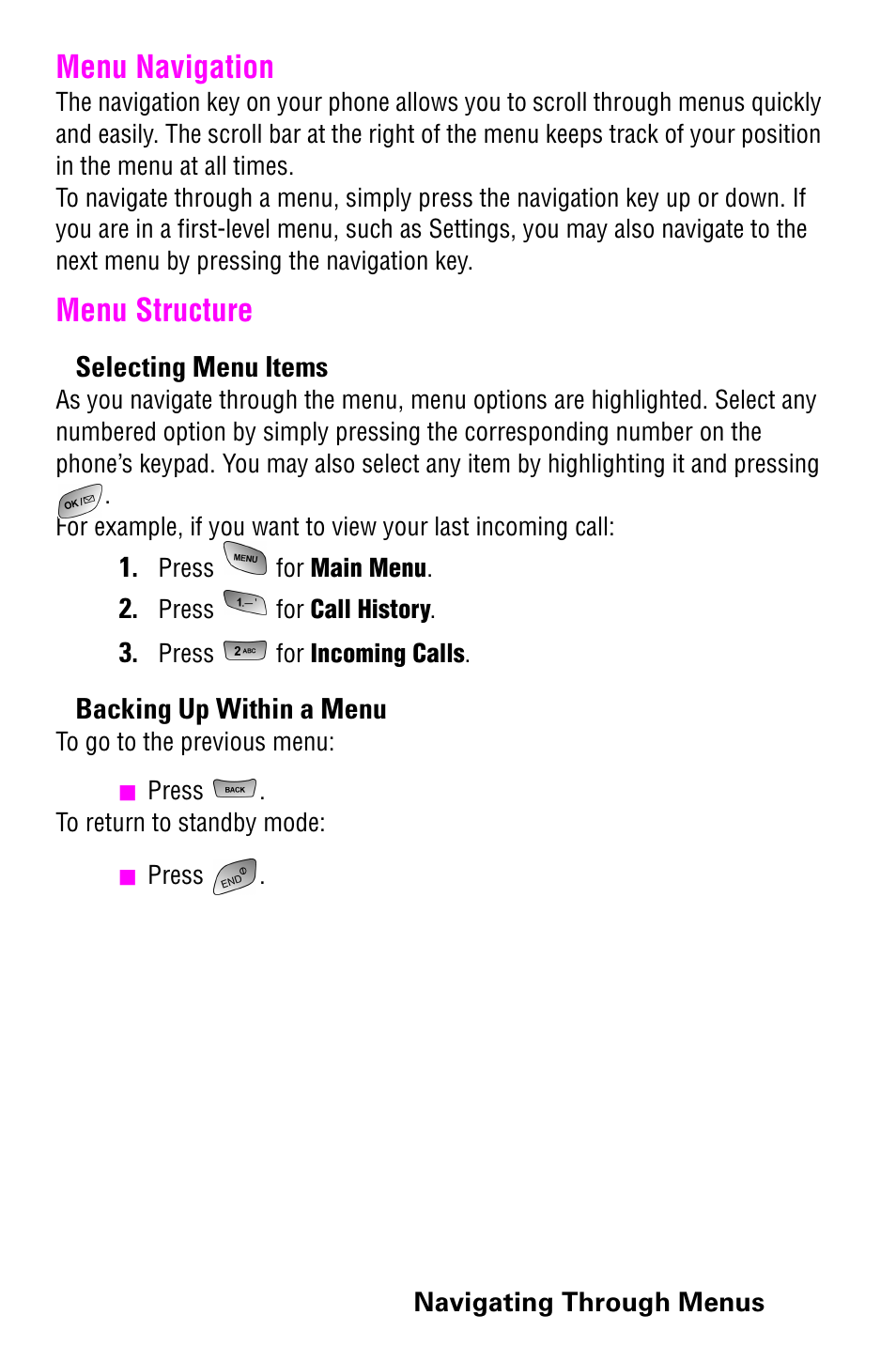 Menu navigation, Menu structure, Menu navigation menu structure | Samsung 022004 User Manual | Page 45 / 142