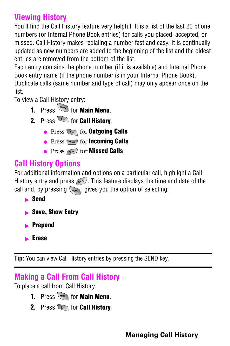 Viewing history, Call history options, Making a call from call history | Samsung 022004 User Manual | Page 59 / 142