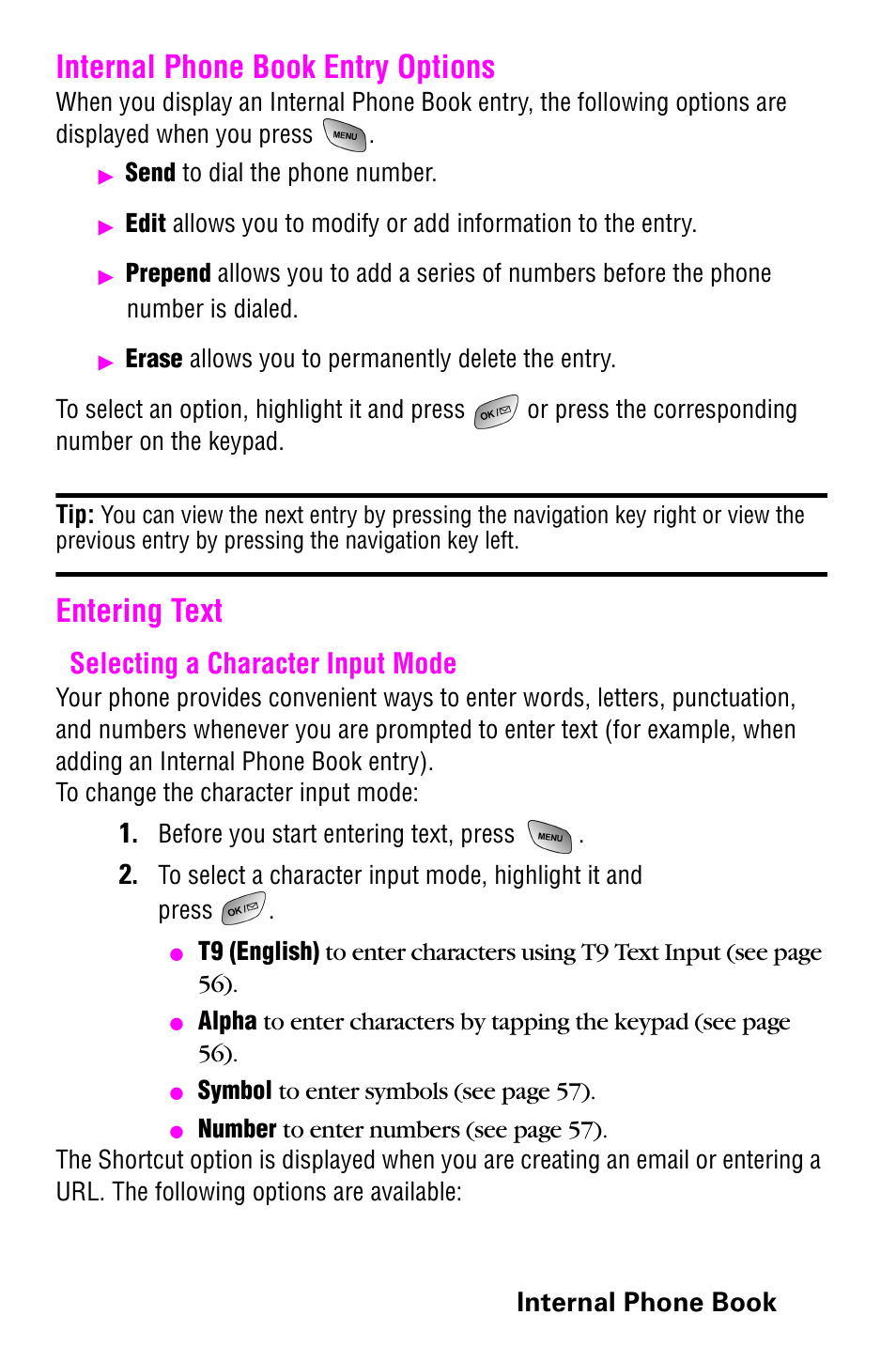 Internal phone book entry options, Entering text, Selecting a character input mode | Internal phone book entry options entering text | Samsung 022004 User Manual | Page 63 / 142