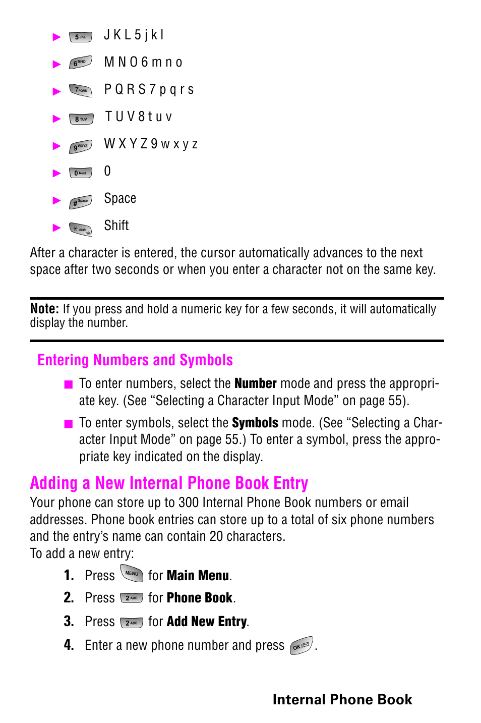 Entering numbers and symbols, Adding a new internal phone book entry | Samsung 022004 User Manual | Page 65 / 142