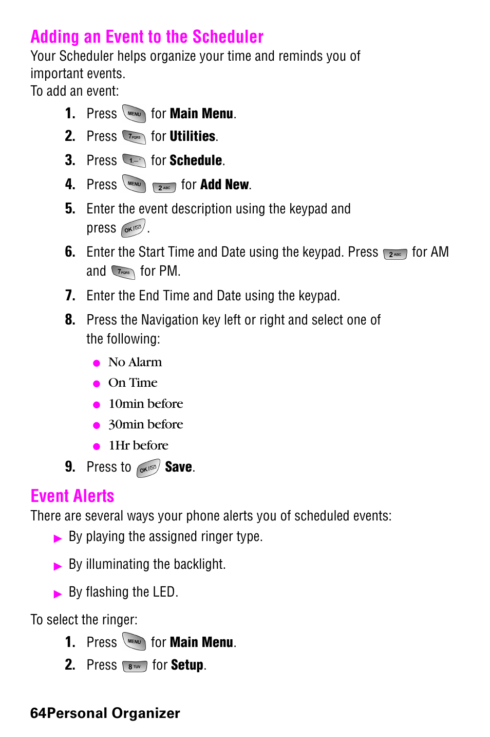 Adding an event to the scheduler, Event alerts, Adding an event to the scheduler event alerts | Samsung 022004 User Manual | Page 72 / 142