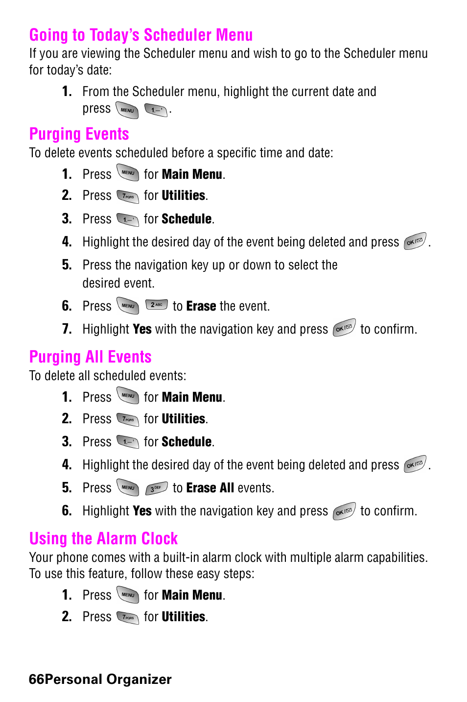 Going to today’s scheduler menu, Purging events, Purging all events | Using the alarm clock | Samsung 022004 User Manual | Page 74 / 142