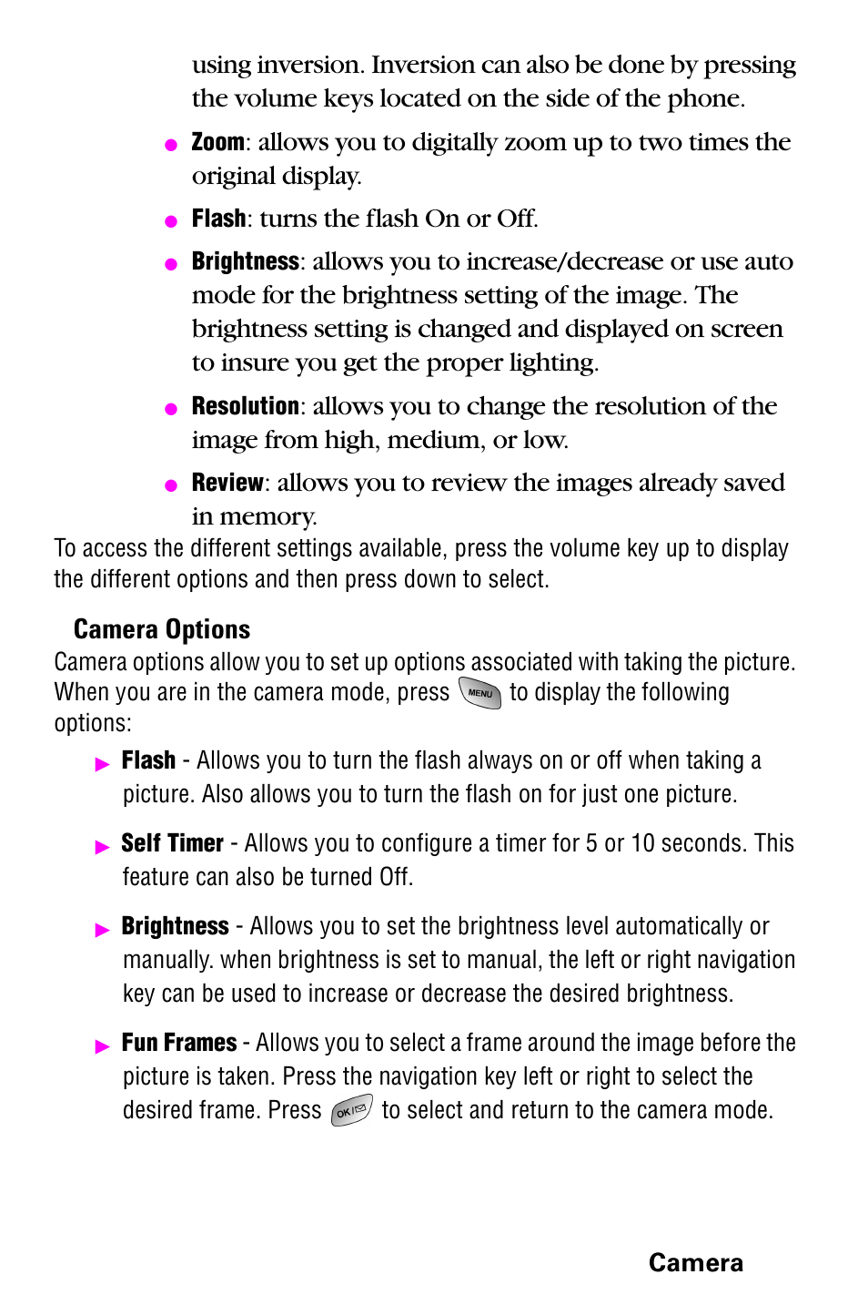 Turns the flash on or off, Camera options | Samsung 022004 User Manual | Page 93 / 142