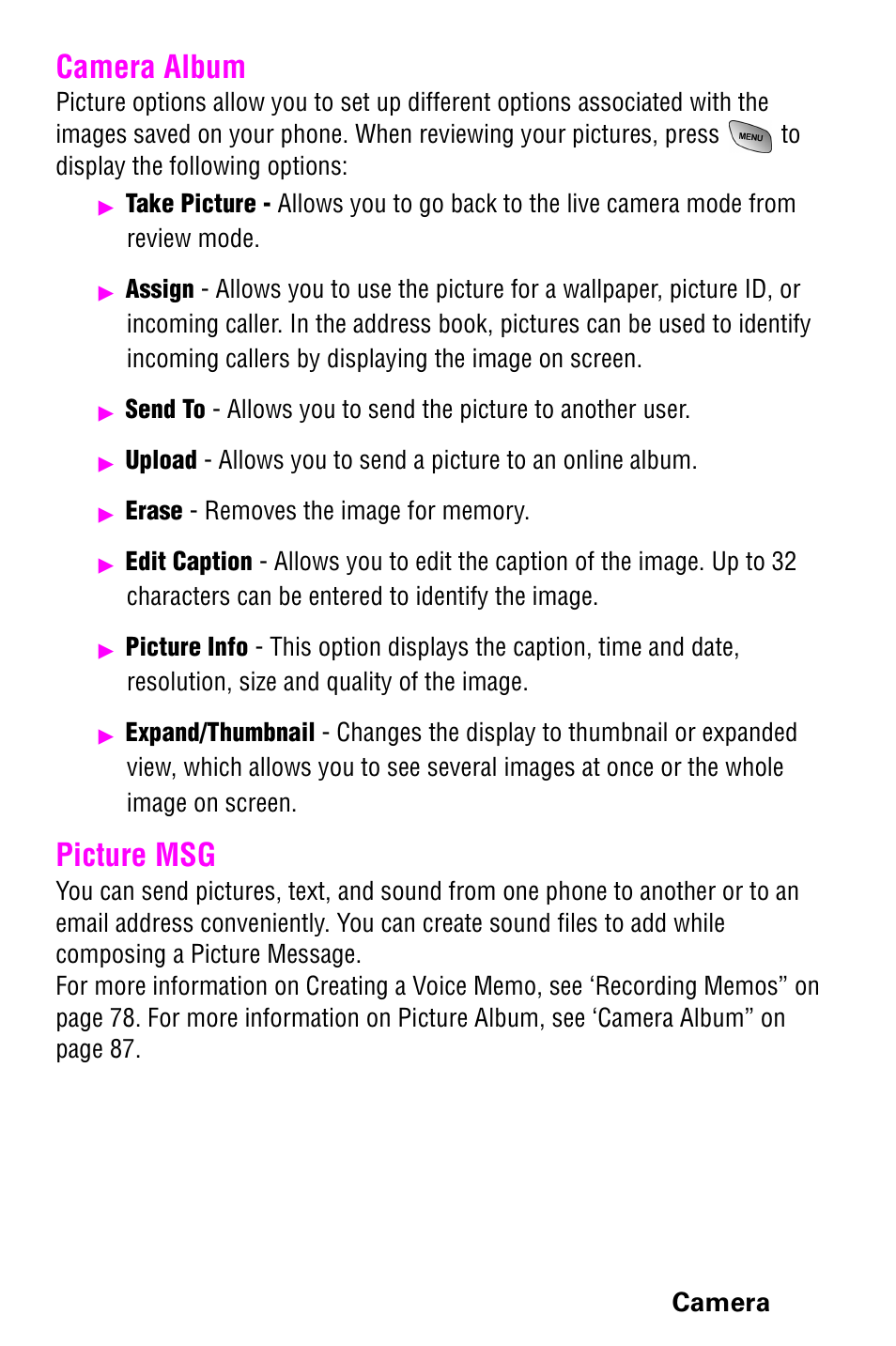 Camera album, Picture msg, Camera album picture msg | Camera | Samsung 022004 User Manual | Page 95 / 142