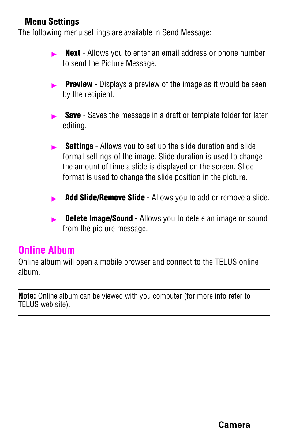 Online album, Menu settings, Camera | Samsung 022004 User Manual | Page 97 / 142