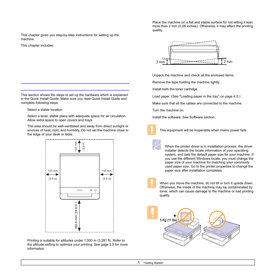 Getting started, Setting up the hardware | Samsung ML-1630W Series User Manual | Page 20 / 98