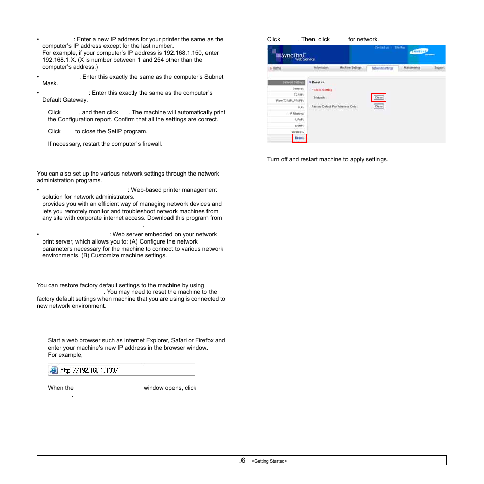 Network parameter setting, Restoring factory default settings | Samsung ML-1630W Series User Manual | Page 25 / 98