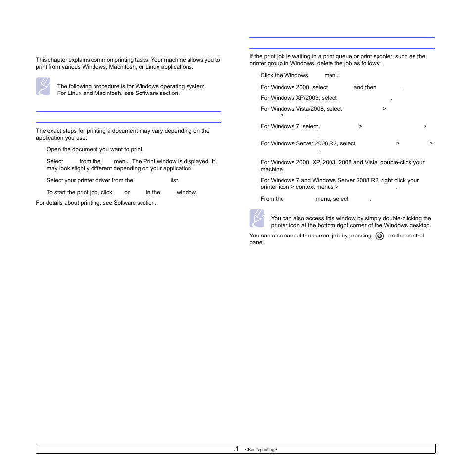 Basic printing, Printing a document, Canceling a print job | Printing a document canceling a print job | Samsung ML-1630W Series User Manual | Page 35 / 98