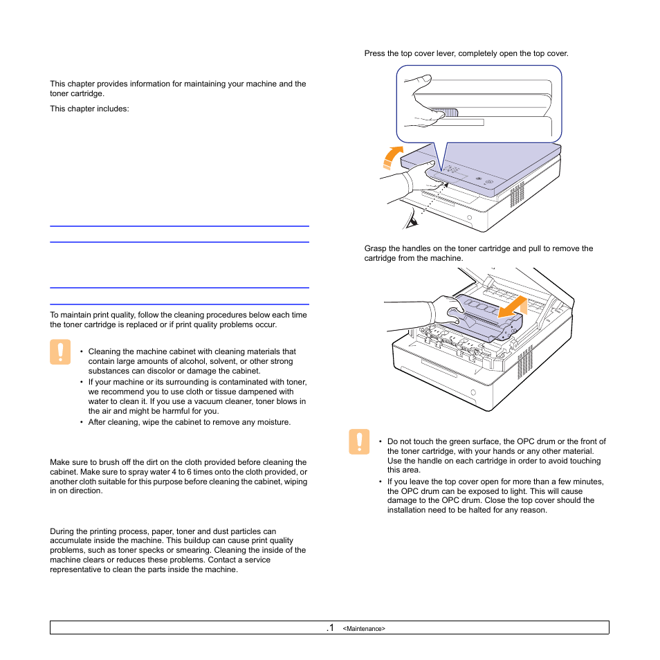 Maintenance, Printing a machine report, Cleaning your machine | Cleaning the outside, Cleaning the inside, Printing a machine report cleaning your machine, Cleaning the outside cleaning the inside | Samsung ML-1630W Series User Manual | Page 36 / 98