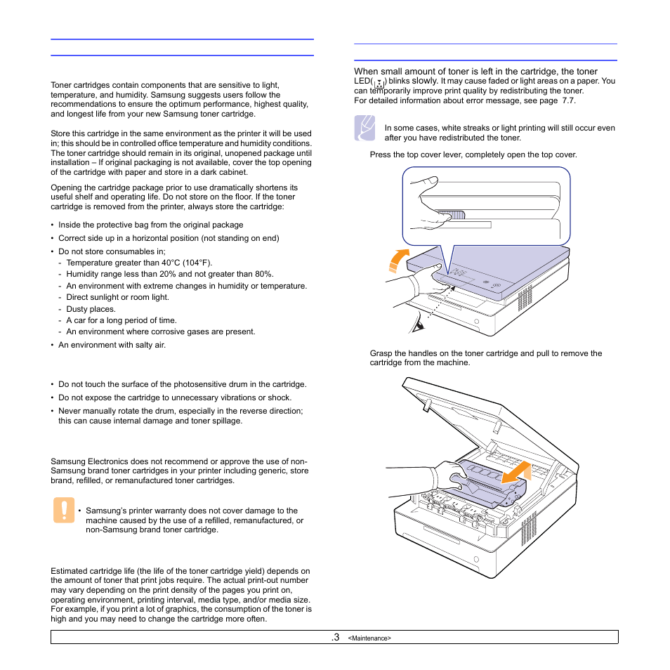 Maintaining the cartridge, Toner cartridge storage, Handling instructions | Use of non-samsung and refilled toner cartridge, Estimated cartridge life, Redistributing toner | Samsung ML-1630W Series User Manual | Page 38 / 98