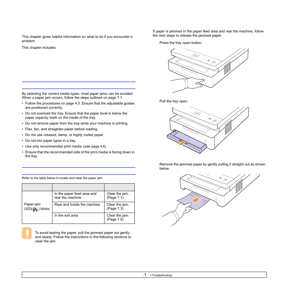 Troubleshooting, Tips for avoiding paper jams, Clearing paper jams | In the paper feed area and rear the machine, Tips for avoiding paper jams clearing paper jams | Samsung ML-1630W Series User Manual | Page 43 / 98