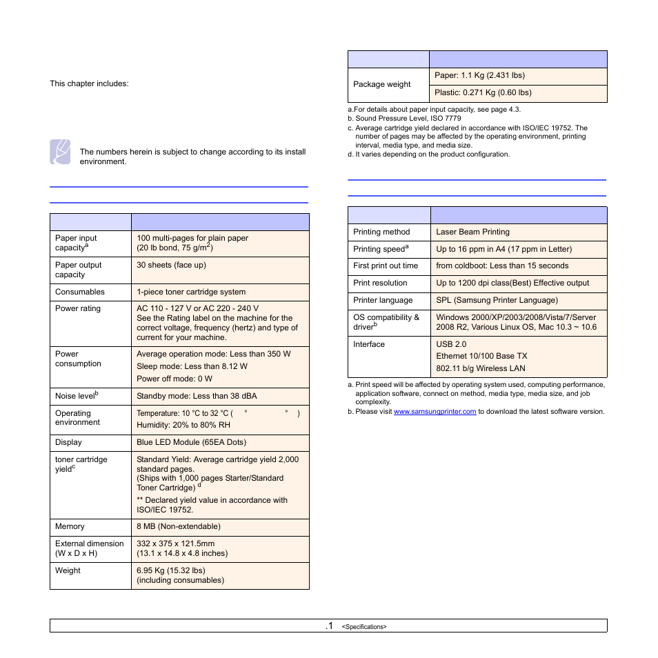 Specifications, General specifications, Printer specifications | General specifications printer specifications | Samsung ML-1630W Series User Manual | Page 57 / 98