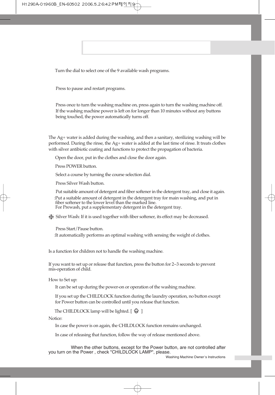 Washing a load of laundry, For the silver wash washing, Childlock(button lock function) | Samsung H1245A H1290A User Manual | Page 13 / 24