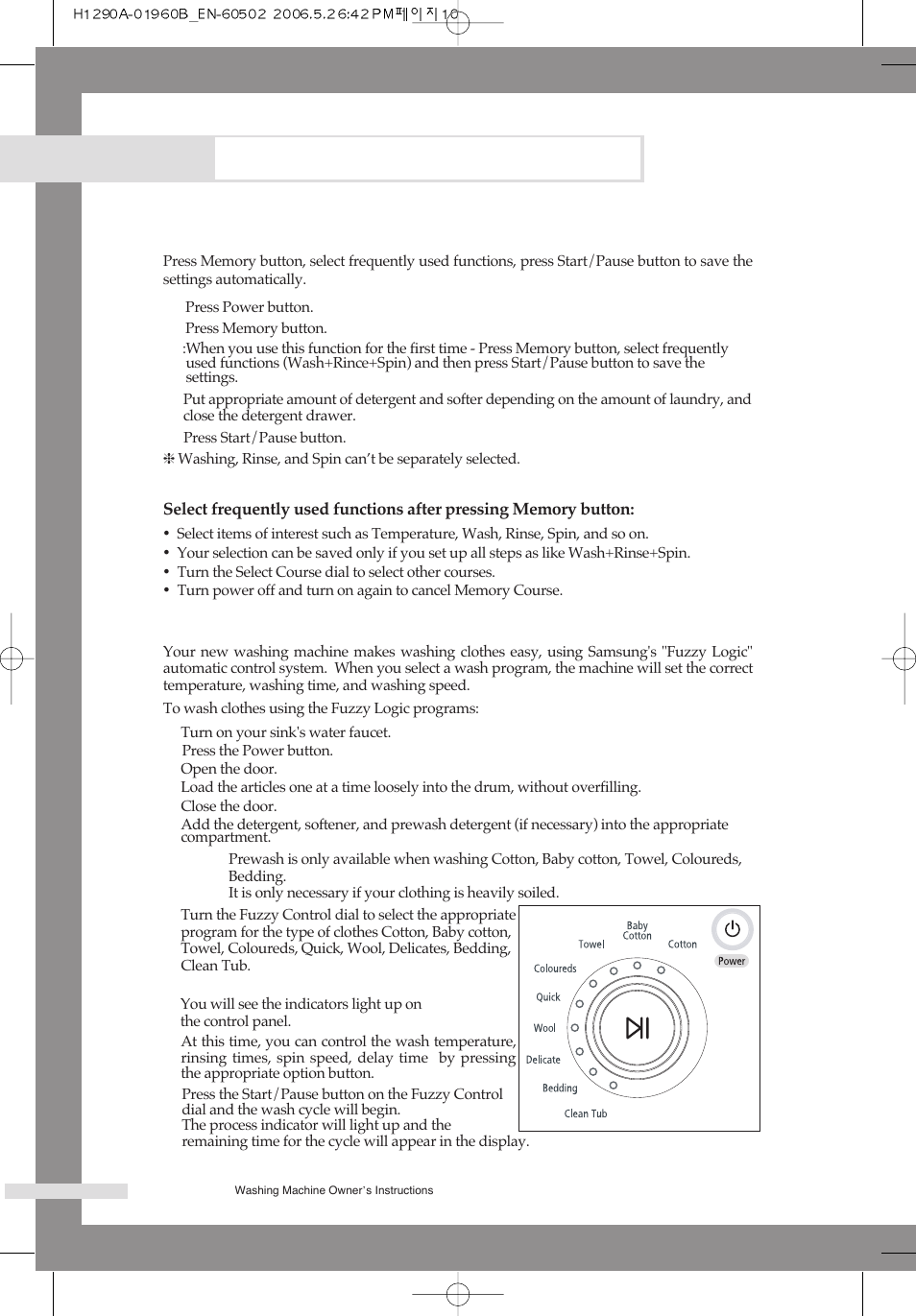 Washing a load of laundry, Washing clothes using fuzzy logic | Samsung H1245A H1290A User Manual | Page 14 / 24