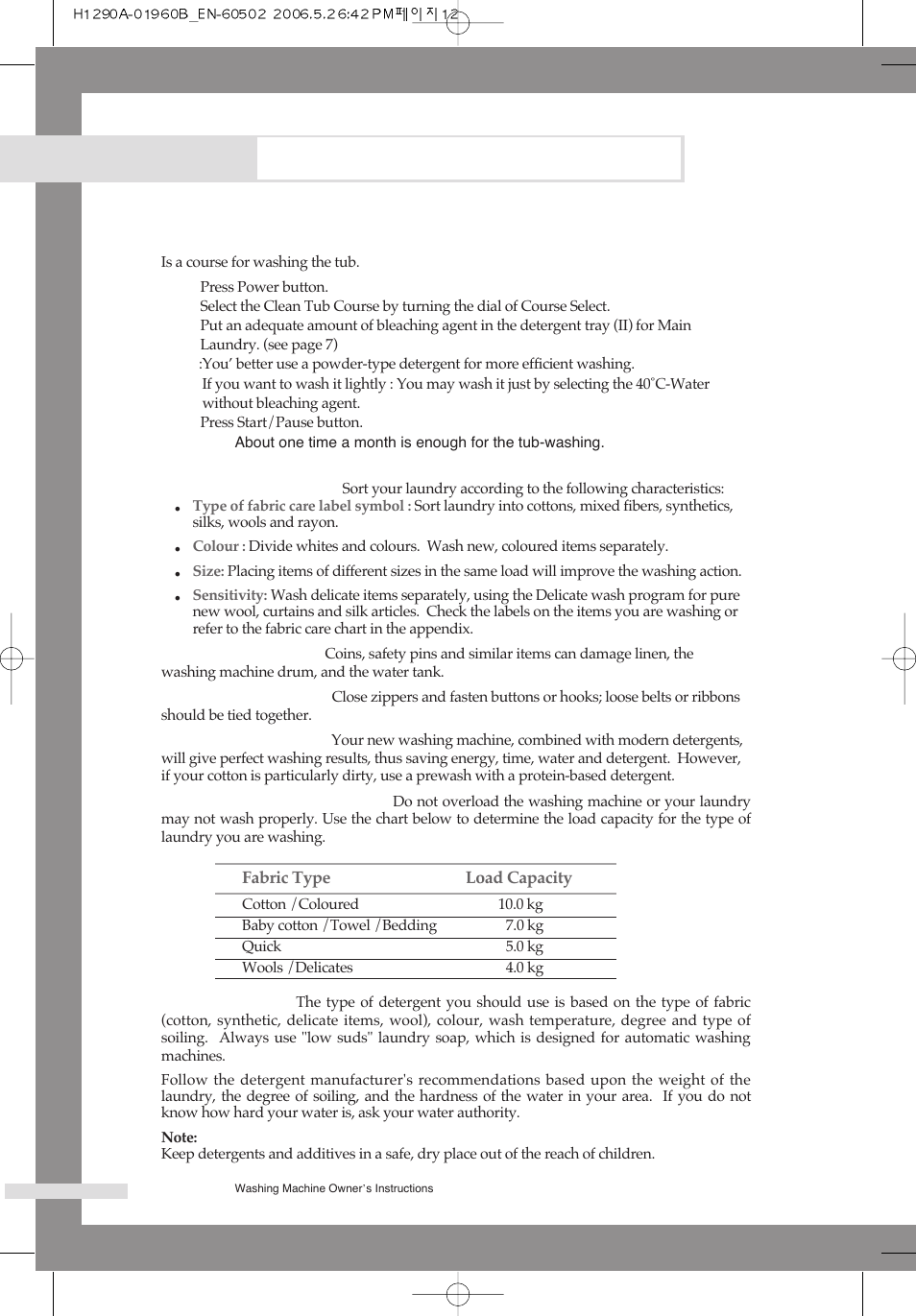 Washing a load of laundry, Using clean tub, Washing tips and hints | Samsung H1245A H1290A User Manual | Page 16 / 24