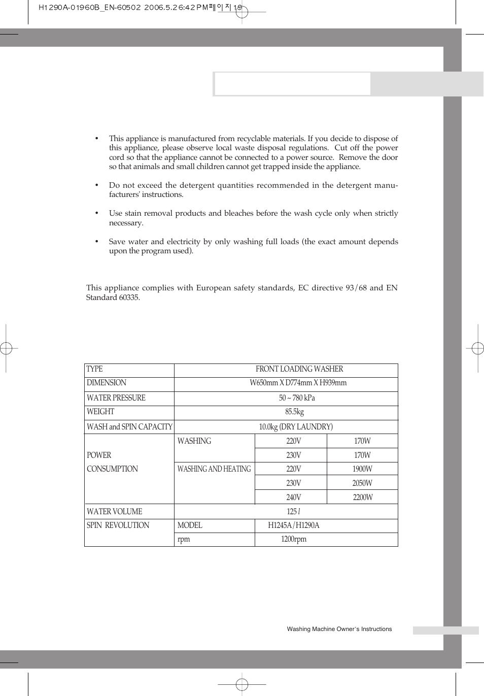 Appendix, Protecting the environment, Declaration of conformity | Specification | Samsung H1245A H1290A User Manual | Page 23 / 24