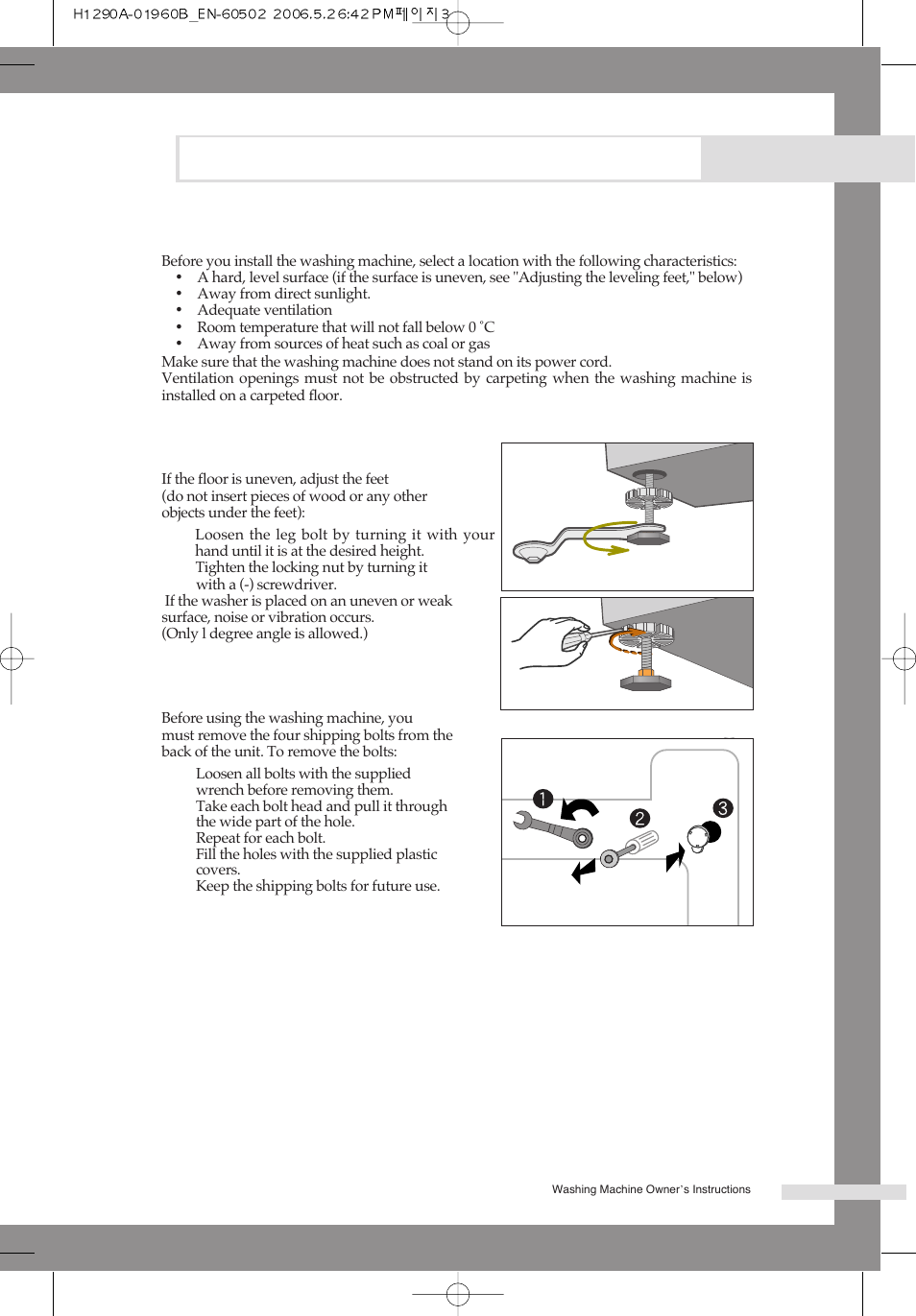 Installing the washing machine, Selecting a location, Adjusting the leveling feet | Removing the shipping bolts | Samsung H1245A H1290A User Manual | Page 7 / 24