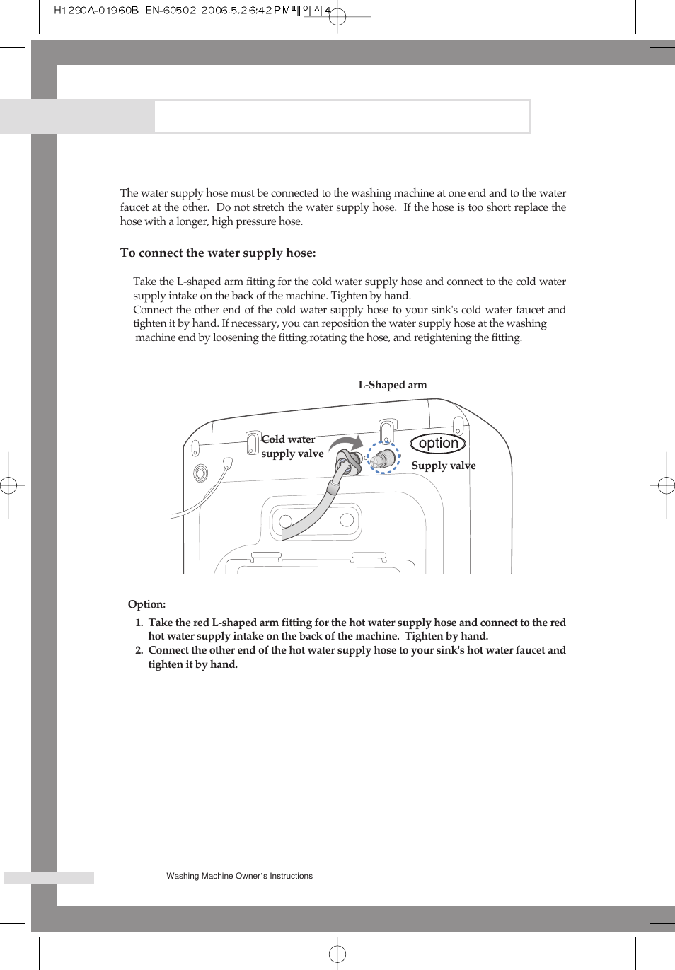 Installing the washing machine, Connecting the water supply hose | Samsung H1245A H1290A User Manual | Page 8 / 24