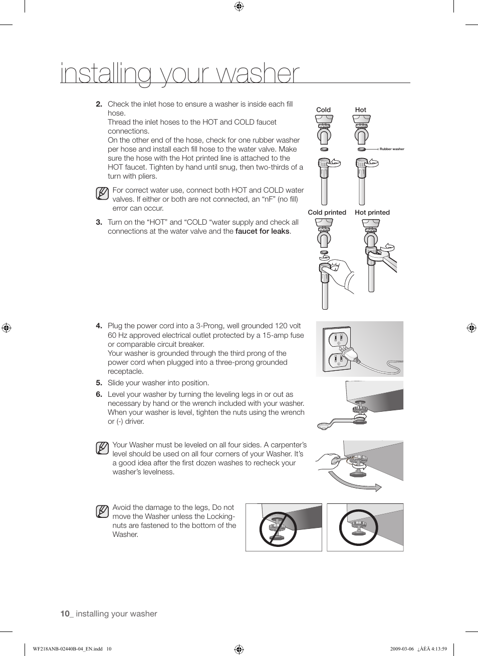 Installing your washer | Samsung WF218ANW User Manual | Page 10 / 56