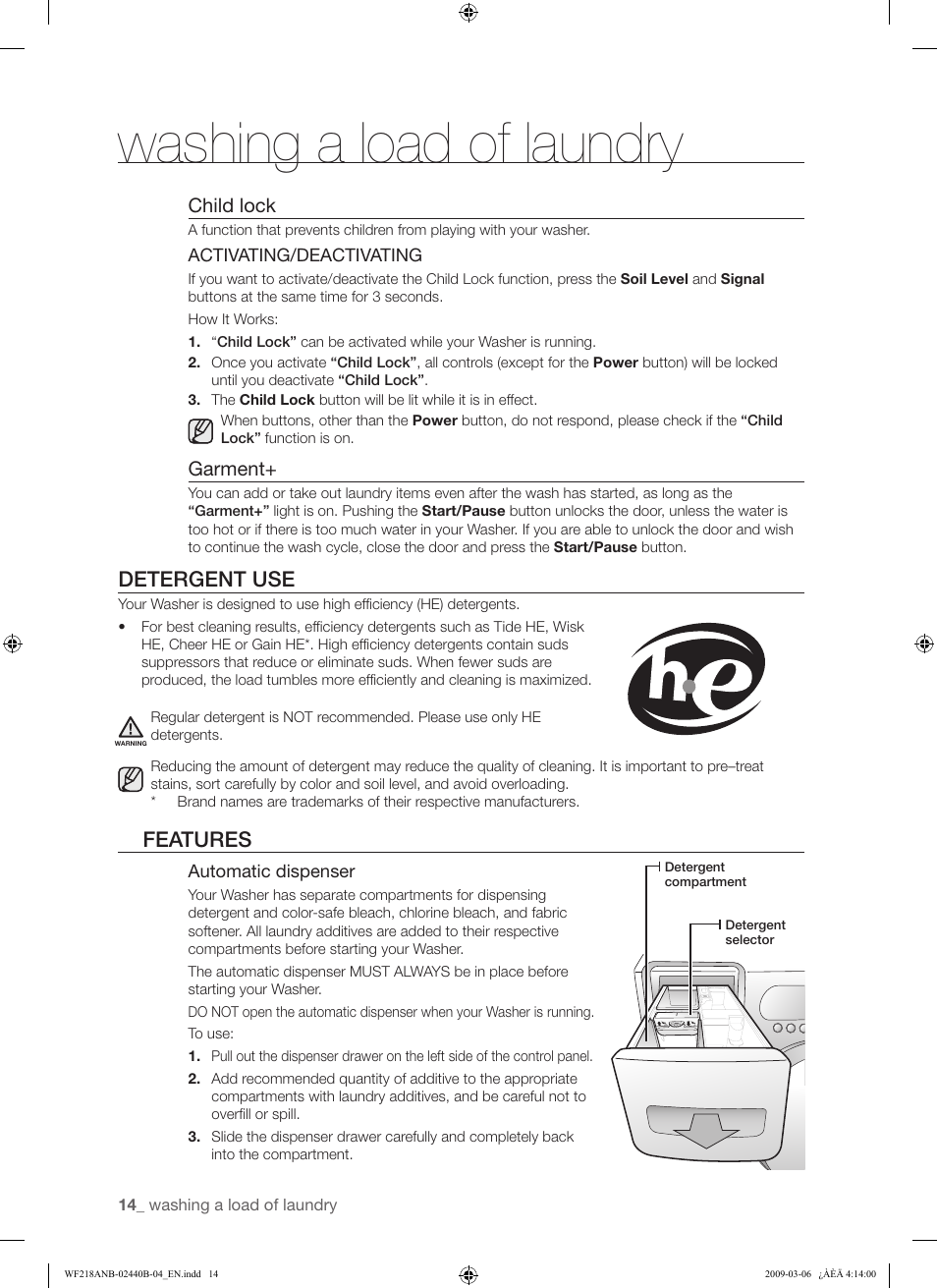 Washing a load of laundry, Detergent use, Features | Child lock, Garment | Samsung WF218ANW User Manual | Page 14 / 56