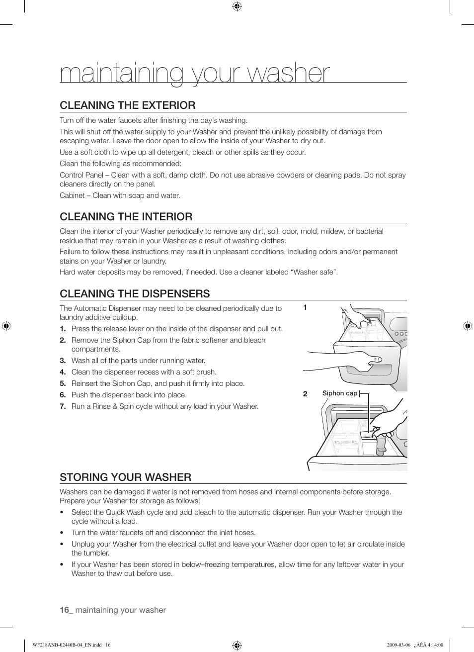 Maintaining your washer, Cleaning the exterior, Cleaning the interior | Cleaning the dispensers, Storing your washer | Samsung WF218ANW User Manual | Page 16 / 56