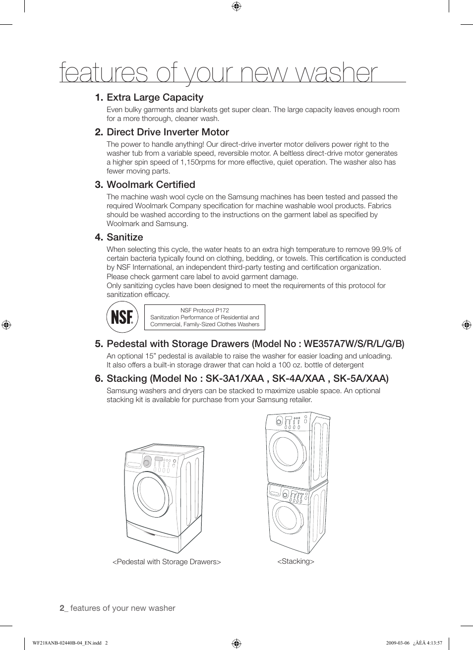 Features of your new washer | Samsung WF218ANW User Manual | Page 2 / 56