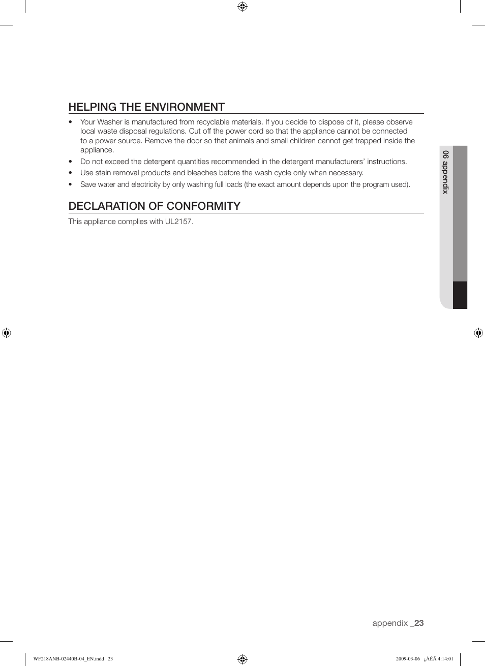 Helping the environment, Declaration of conformity | Samsung WF218ANW User Manual | Page 23 / 56