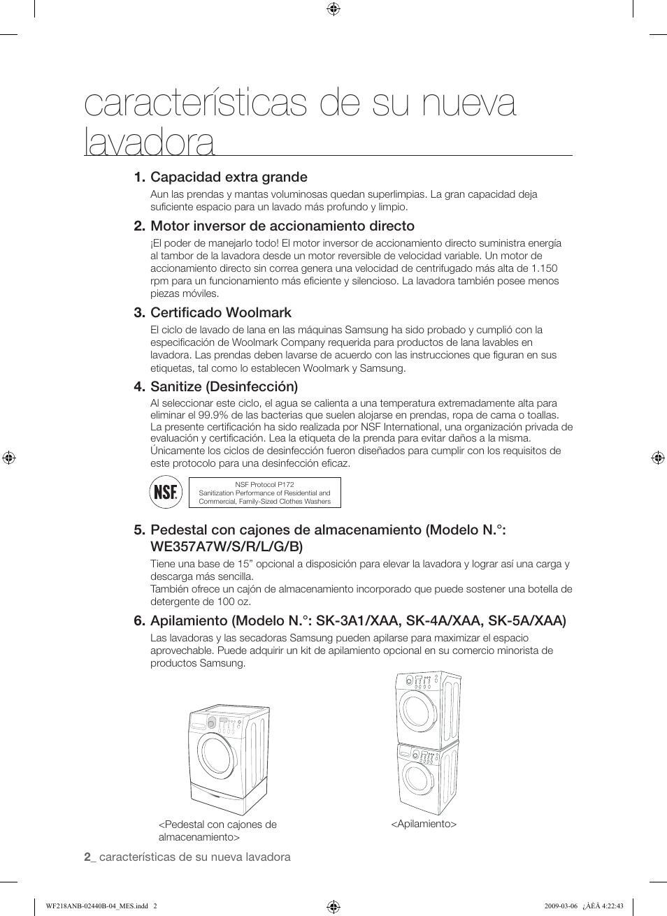Características de su nueva lavadora | Samsung WF218ANW User Manual | Page 30 / 56