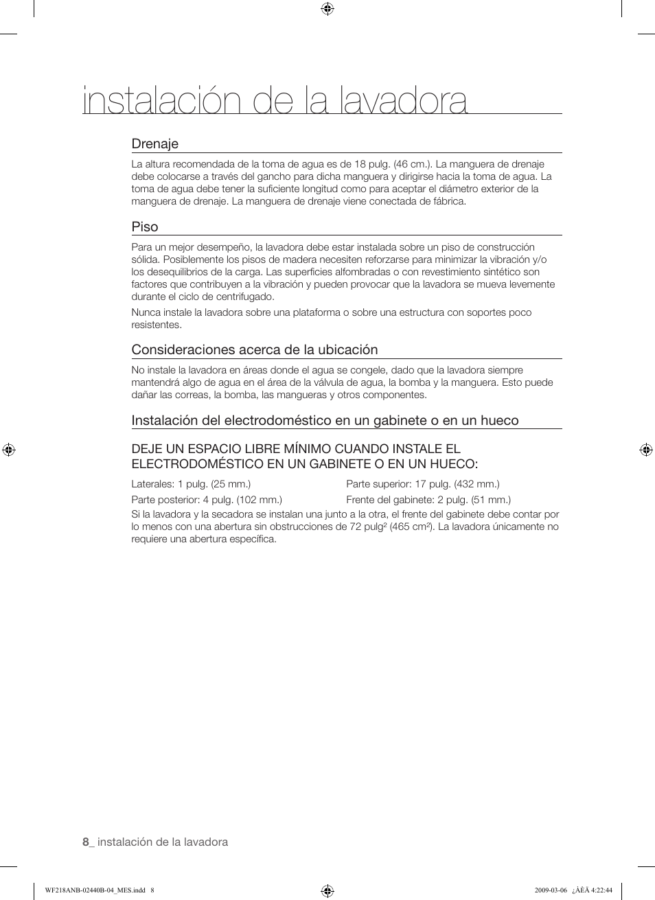 Instalación de la lavadora | Samsung WF218ANW User Manual | Page 36 / 56
