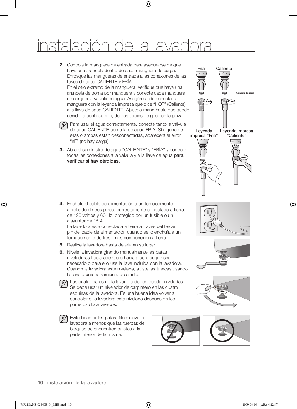 Instalación de la lavadora | Samsung WF218ANW User Manual | Page 38 / 56