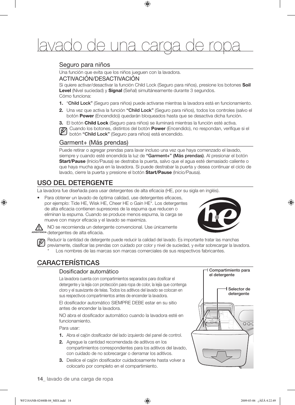 Lavado de una carga de ropa, Uso del detergente, Características | Seguro para niños, Garment+ (más prendas) | Samsung WF218ANW User Manual | Page 42 / 56